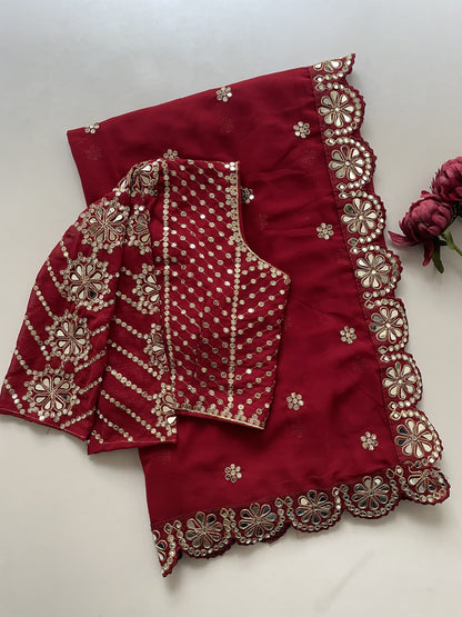 Red Maroon Color Beautiful Partywear Saree