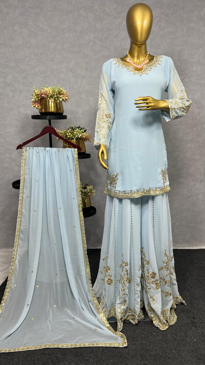 Sky BLue Color Beautiful 3 Piece Kurti With Sharara And Dupatta