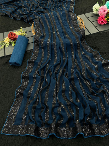 Blue Color Beautiful Sequence Saree in georgette fabric