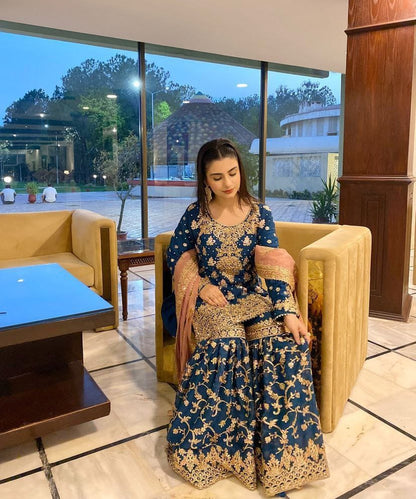 Blue Color Beautiful Sharara Dress in Georgette Fabric