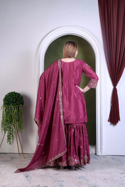 Embroidery And Sequence Worked Top-Sharara And Dupatta Set Fully Stitched Ready To Wear
