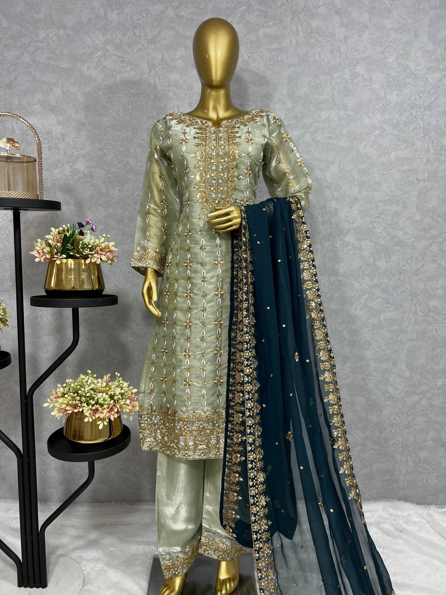 3 Piece Stylish Kurti, Bottom And Dupatta With Beautiful Embroidery Sequence Work