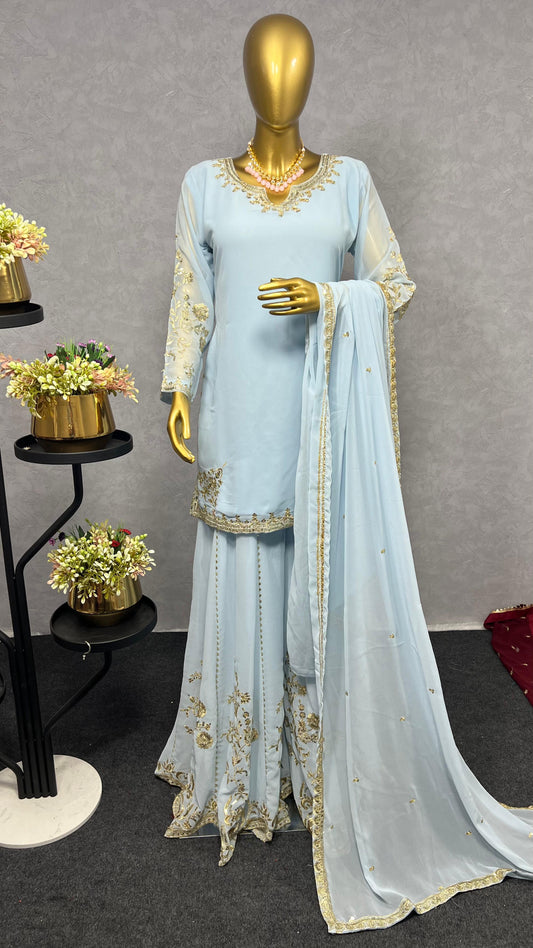 Sky BLue Color Beautiful 3 Piece Kurti With Sharara And Dupatta