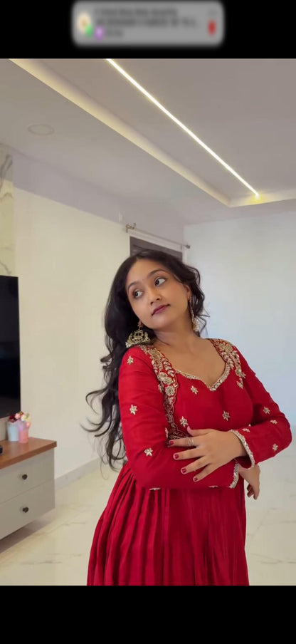 red colour beautiful partywear dress in chinon silk fabic