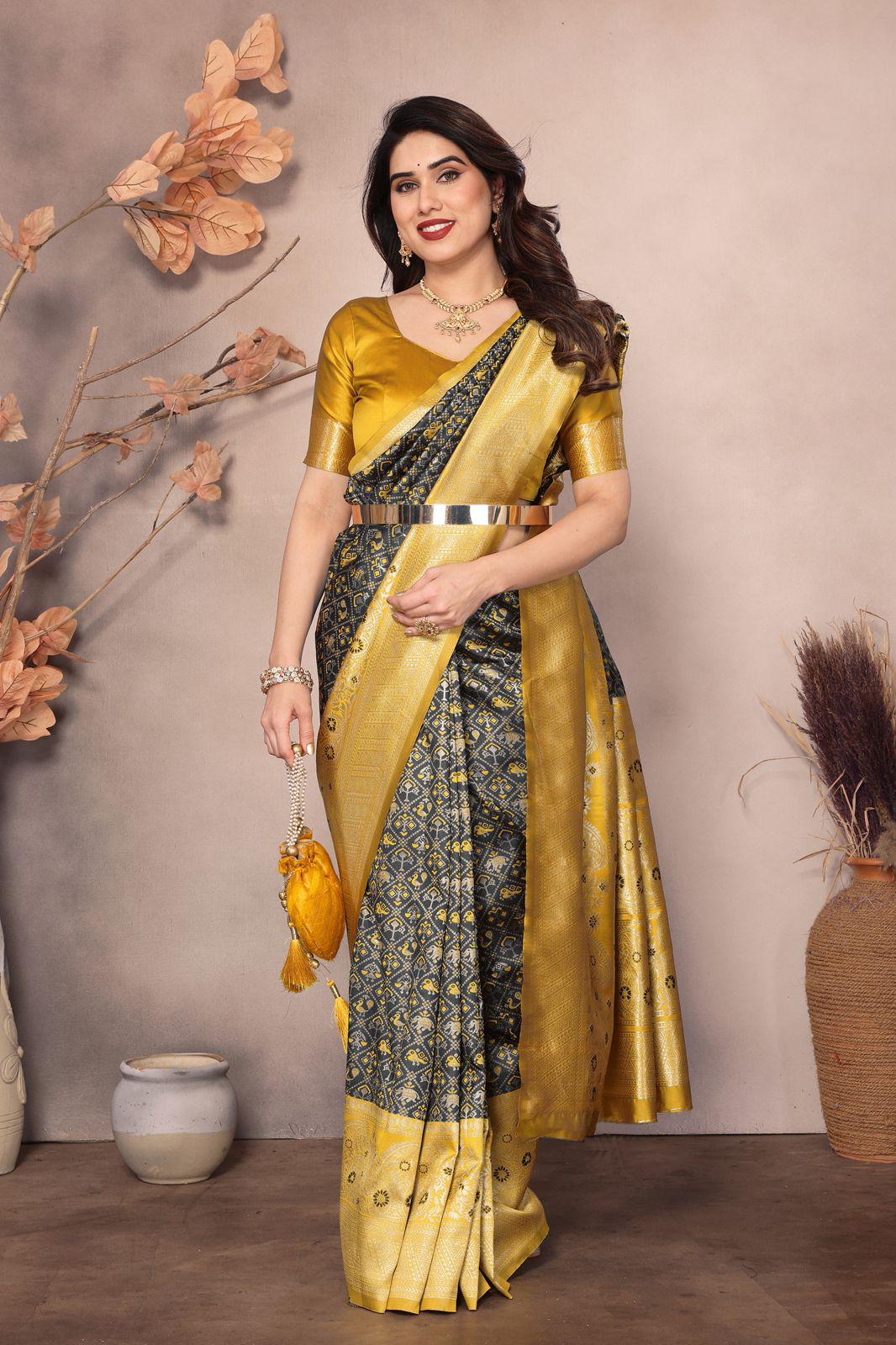 Yellow Dark Grey Color Beauitful Daily Wear Use Saree