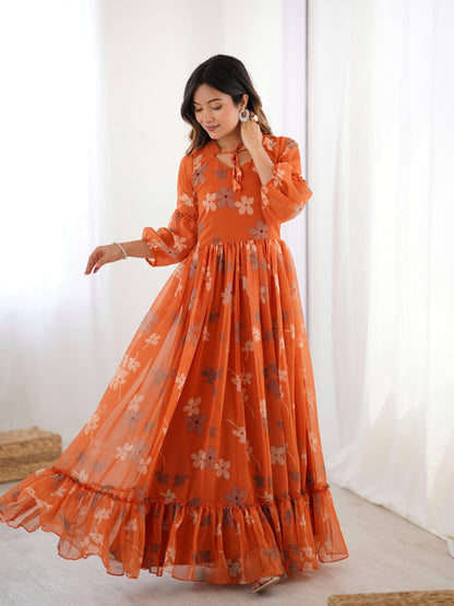 Orange Color Beautiful Gown in Georgette Fabric