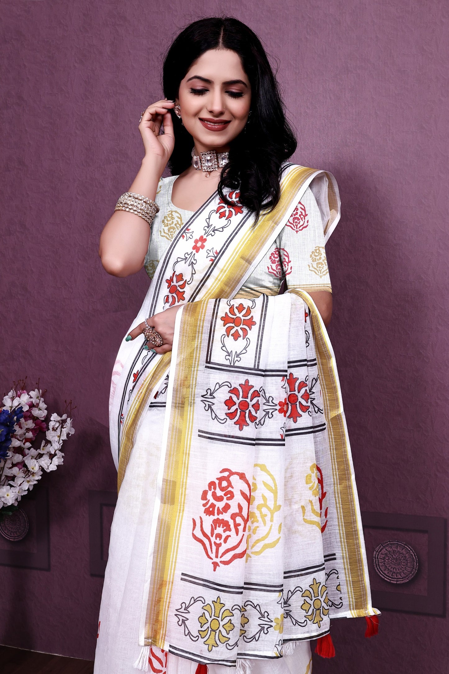 Off white color linen saree