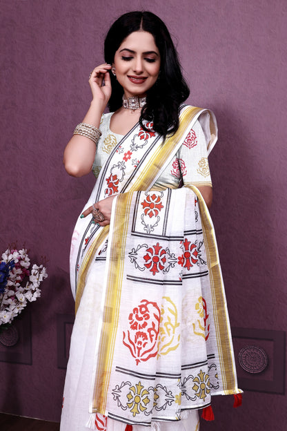 Off white color linen saree