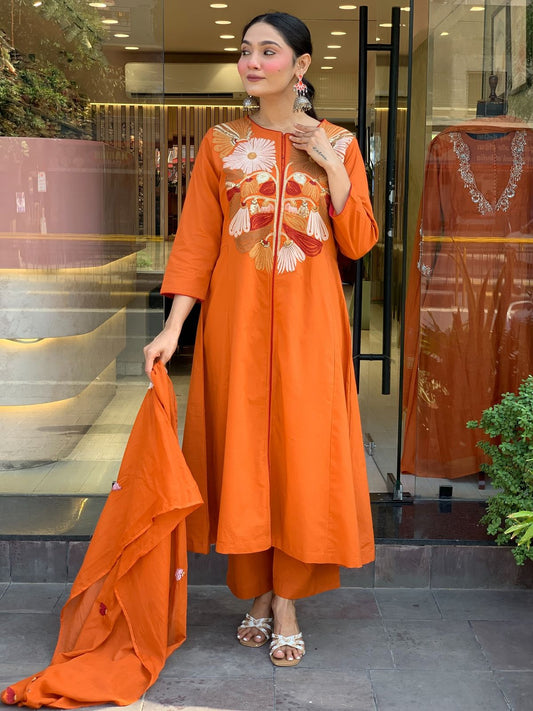 orange color office wear dress in chanderi silk fabric