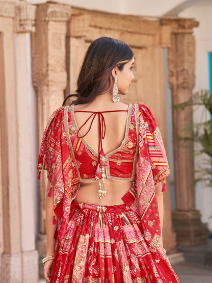 Red Color Beautiful Lehenga Choli in Chinon Silk Fabric