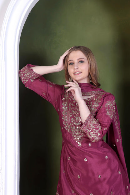 Embroidery And Sequence Worked Top-Sharara And Dupatta Set Fully Stitched Ready To Wear