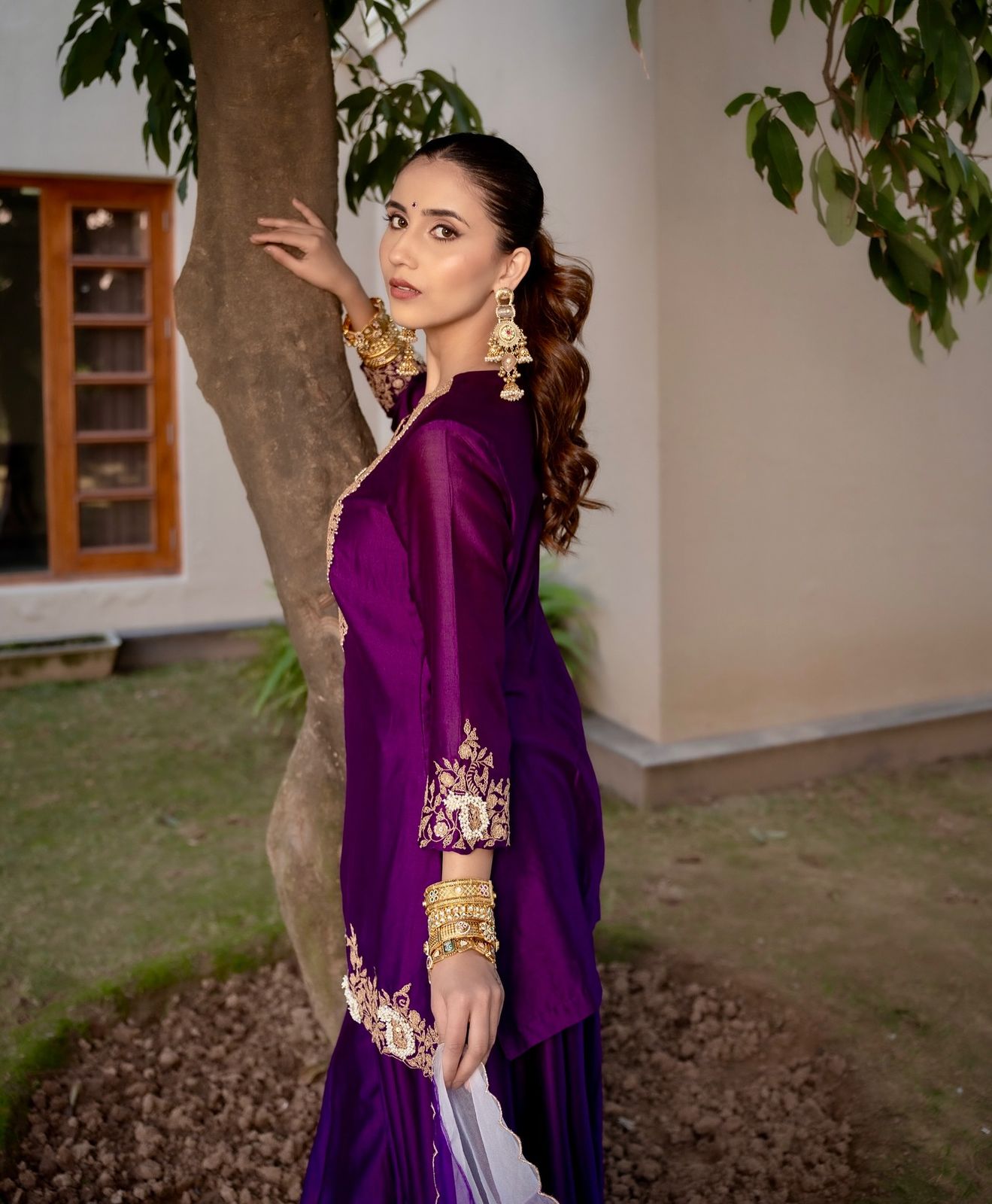 Purple Color Partywear Sharara Suit in chinon silk fabric