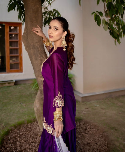 Purple Color Partywear Sharara Suit in chinon silk fabric