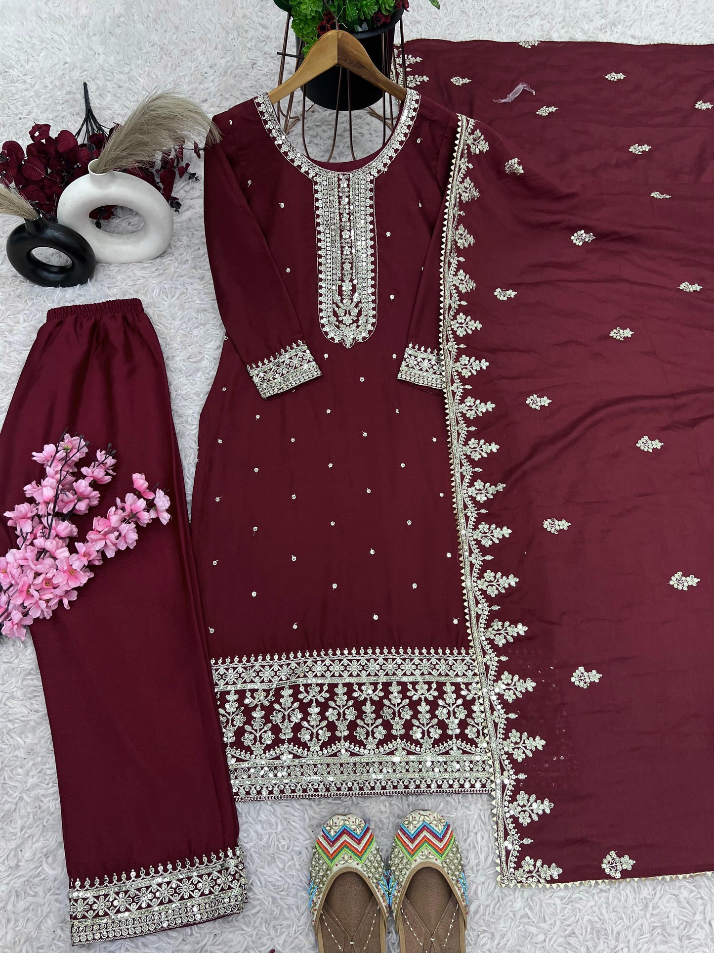 Chinnon And Heavy Embroidery Sequence Work Top-Bottom And Dupatta Set