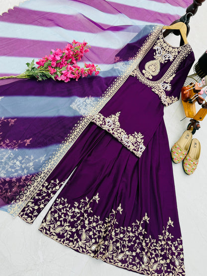 Purple Color Partywear Sharara Suit in chinon silk fabric