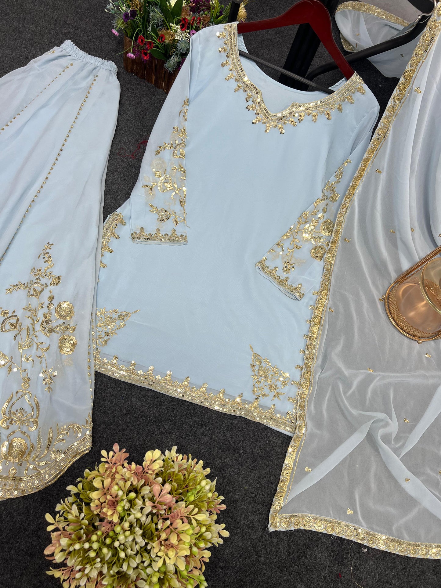 Sky BLue Color Beautiful 3 Piece Kurti With Sharara And Dupatta