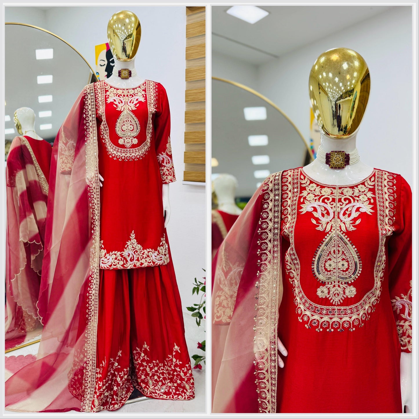 Red Color Partywear Sharara Suit in chinon silk fabric