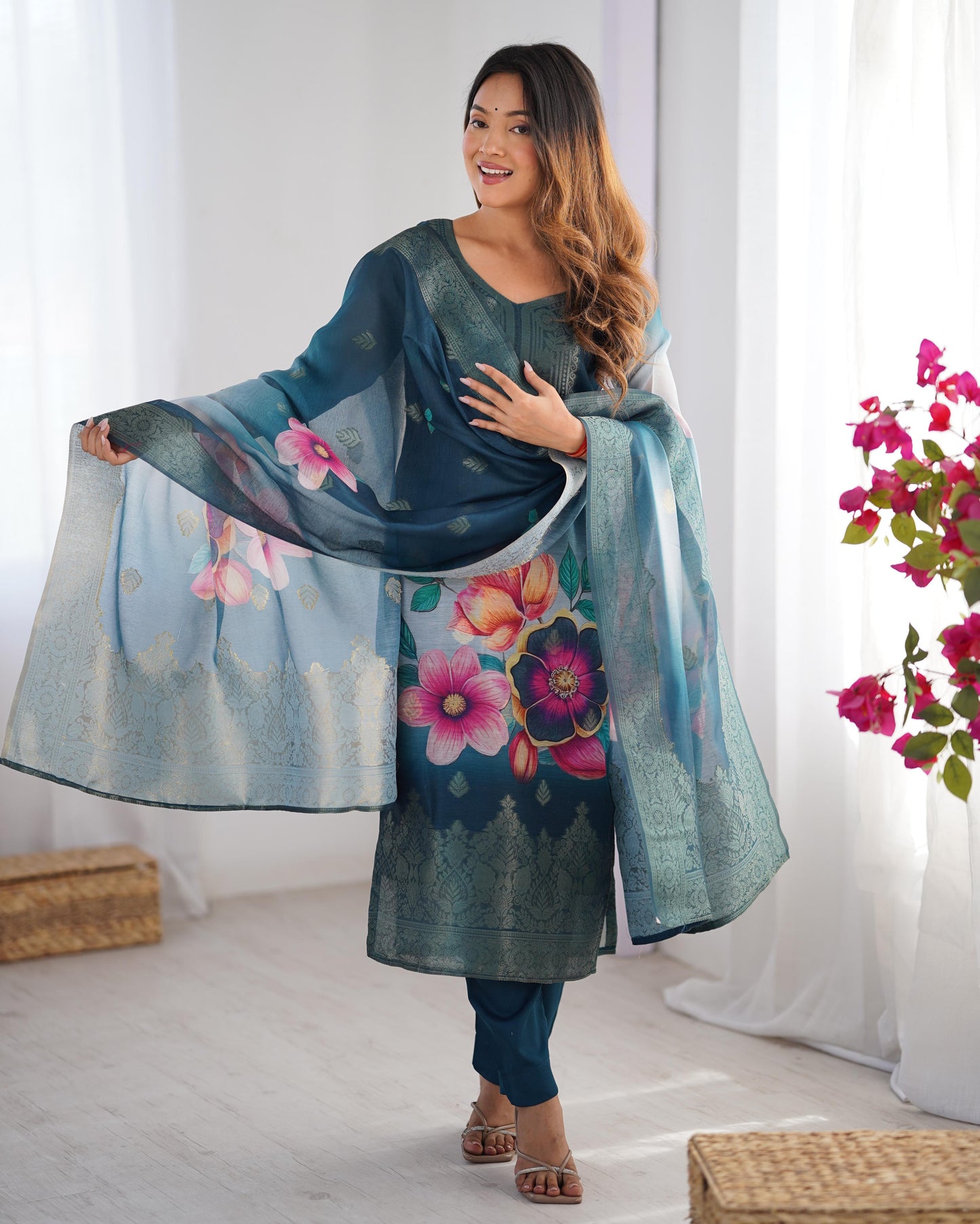 Blue Color Beautiful Chanderi Silk FAbric Dress
