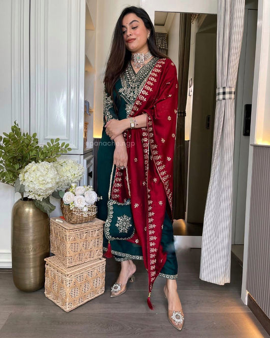 Festival Collection In Chinnon And Heavy Embroidery Sequence Work Top-Bottom And Dupatta Set