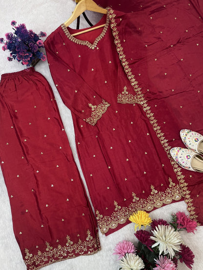 Red Color Festival Wear Dress in Chinon Silk Fabric