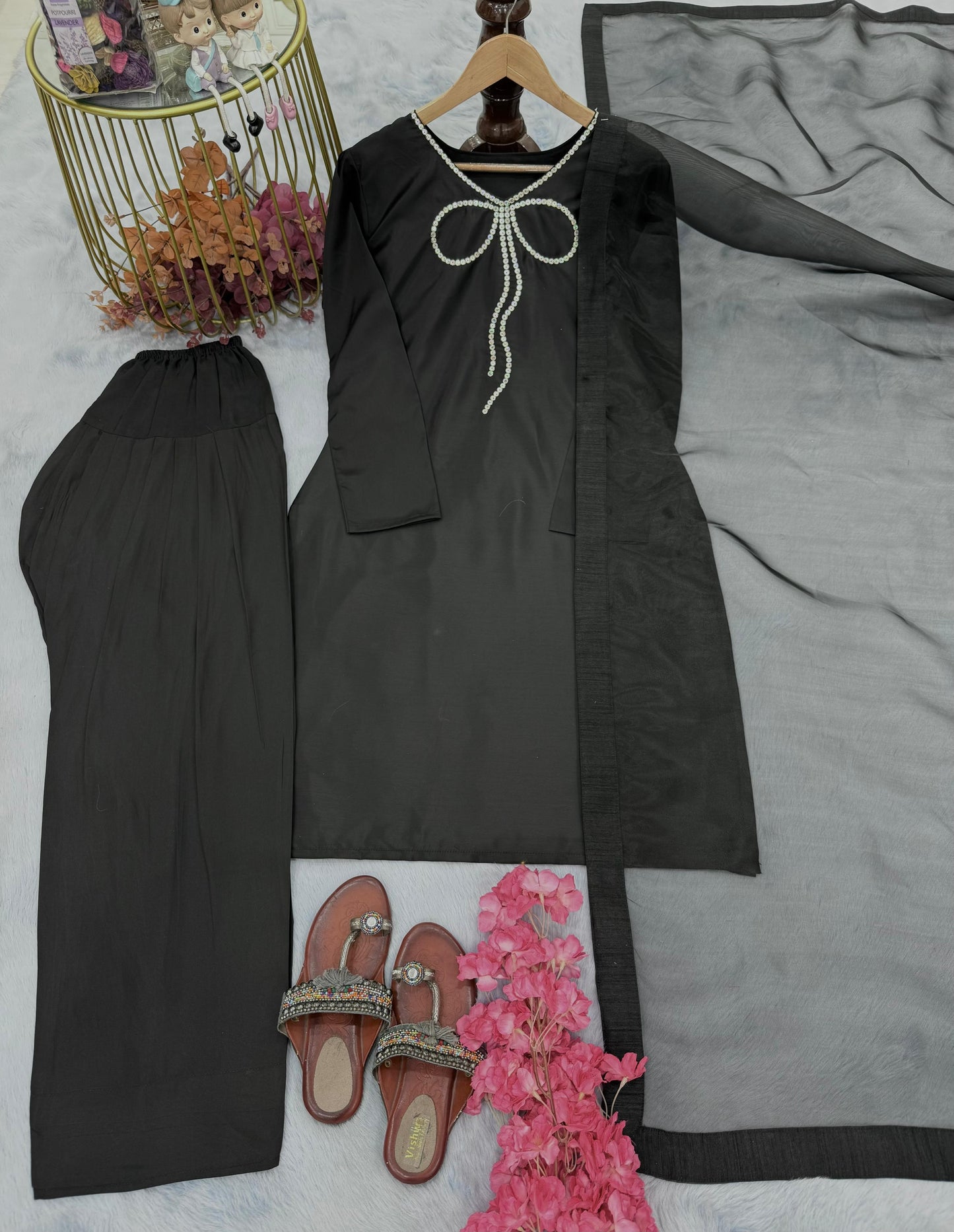 Đěsigner Party Wear Look Pur Natural Crepe Top & Palazzo With Dupatta Set
