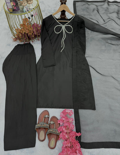 Đěsigner Party Wear Look Pur Natural Crepe Top & Palazzo With Dupatta Set