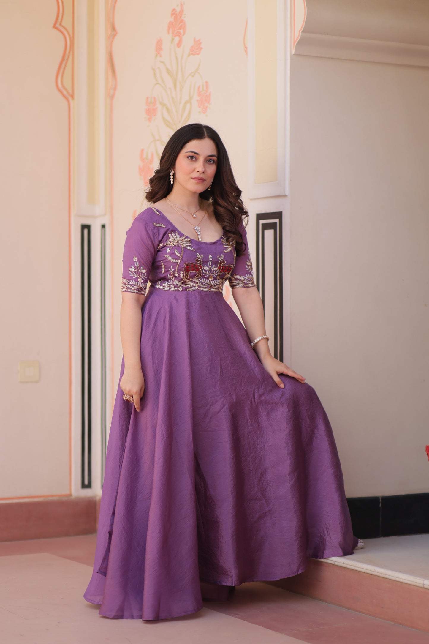 Purple Color Beautiful Partywear Gown in silk fabric