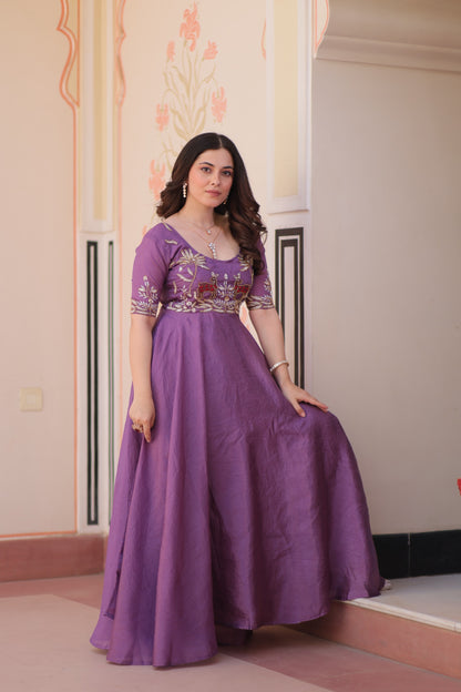 Purple Color Beautiful Partywear Gown in silk fabric