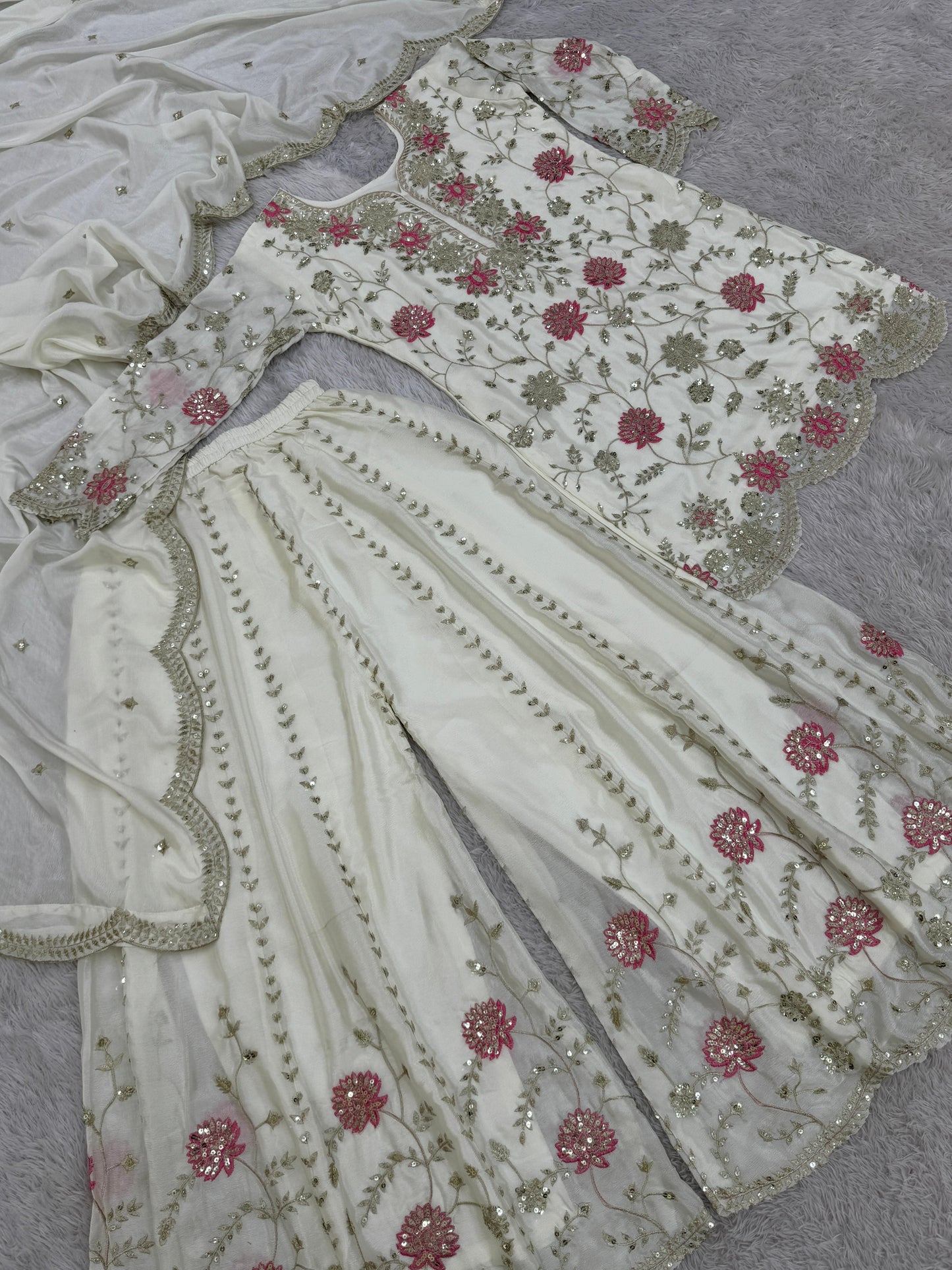 Fashionable Collection 3 Piece Fancy Kurti With Flared Plazzo And Dupatta