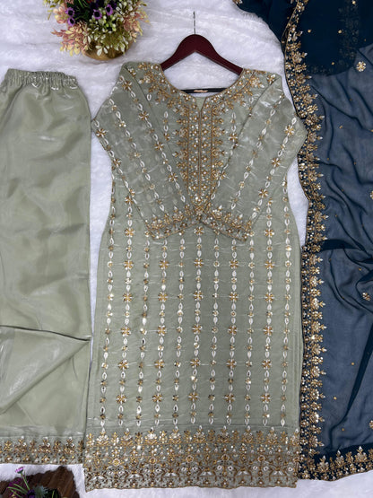 3 Piece Stylish Kurti, Bottom And Dupatta With Beautiful Embroidery Sequence Work