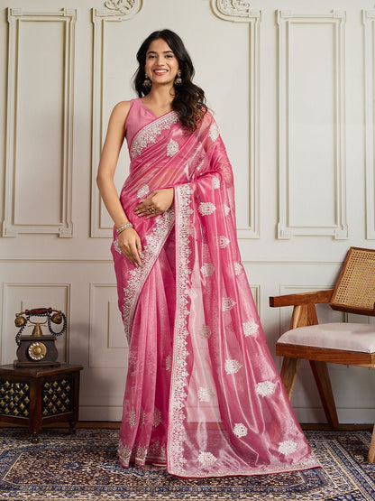 Party Wear Twill Net Saree in pink color