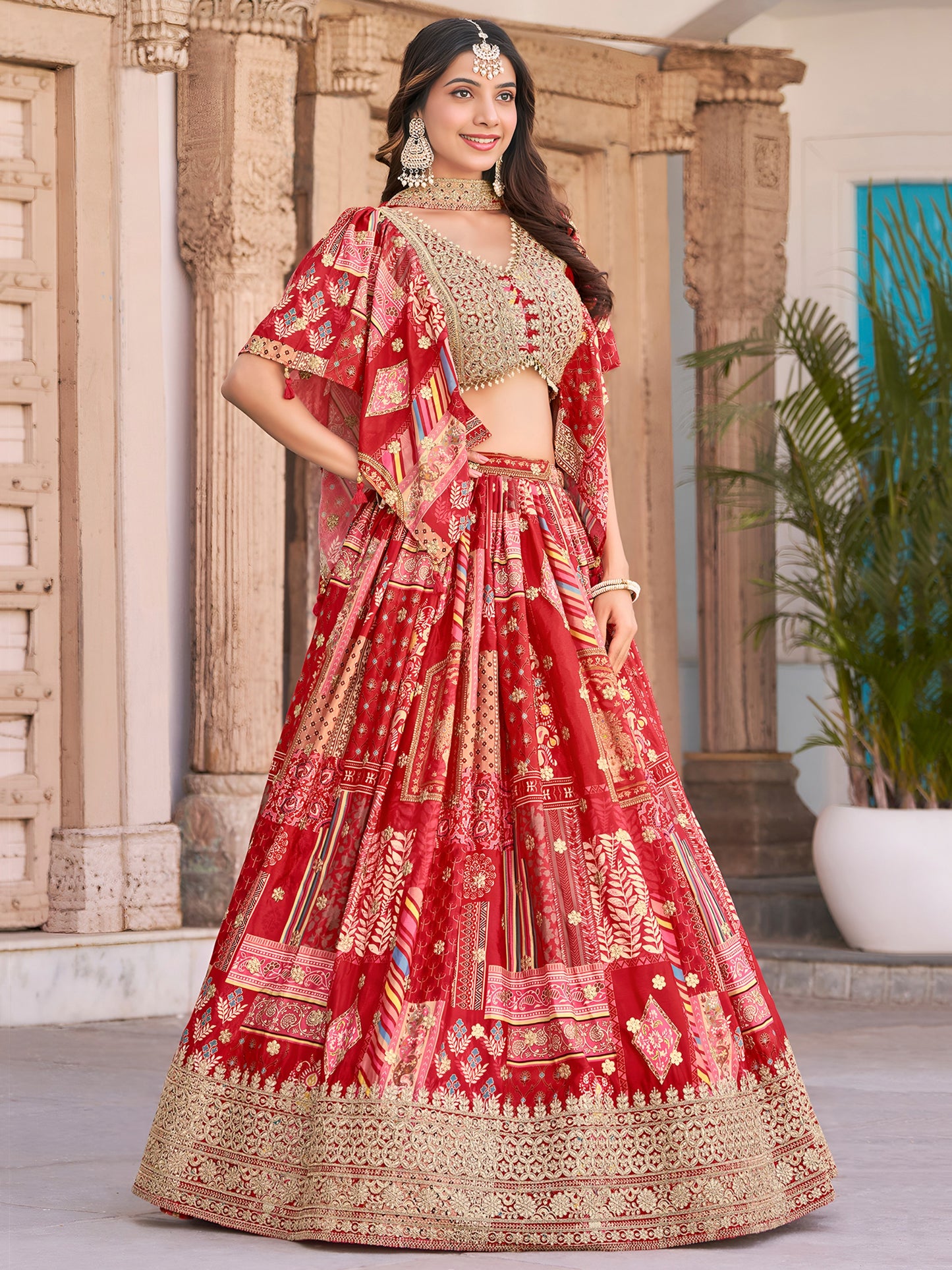 Red Color Beautiful Lehenga Choli in Chinon Silk Fabric