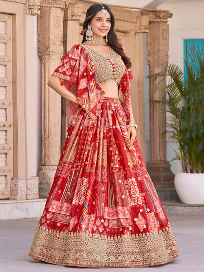 Red Color Beautiful Lehenga Choli in Chinon Silk Fabric