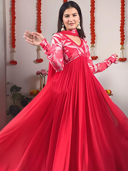 Red Color Beautiful Partywear ANarkali Dress with dupatta