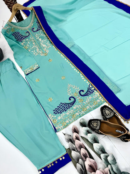 georgette embroidered coding sequence work with fancy top-plazzo dupatta set