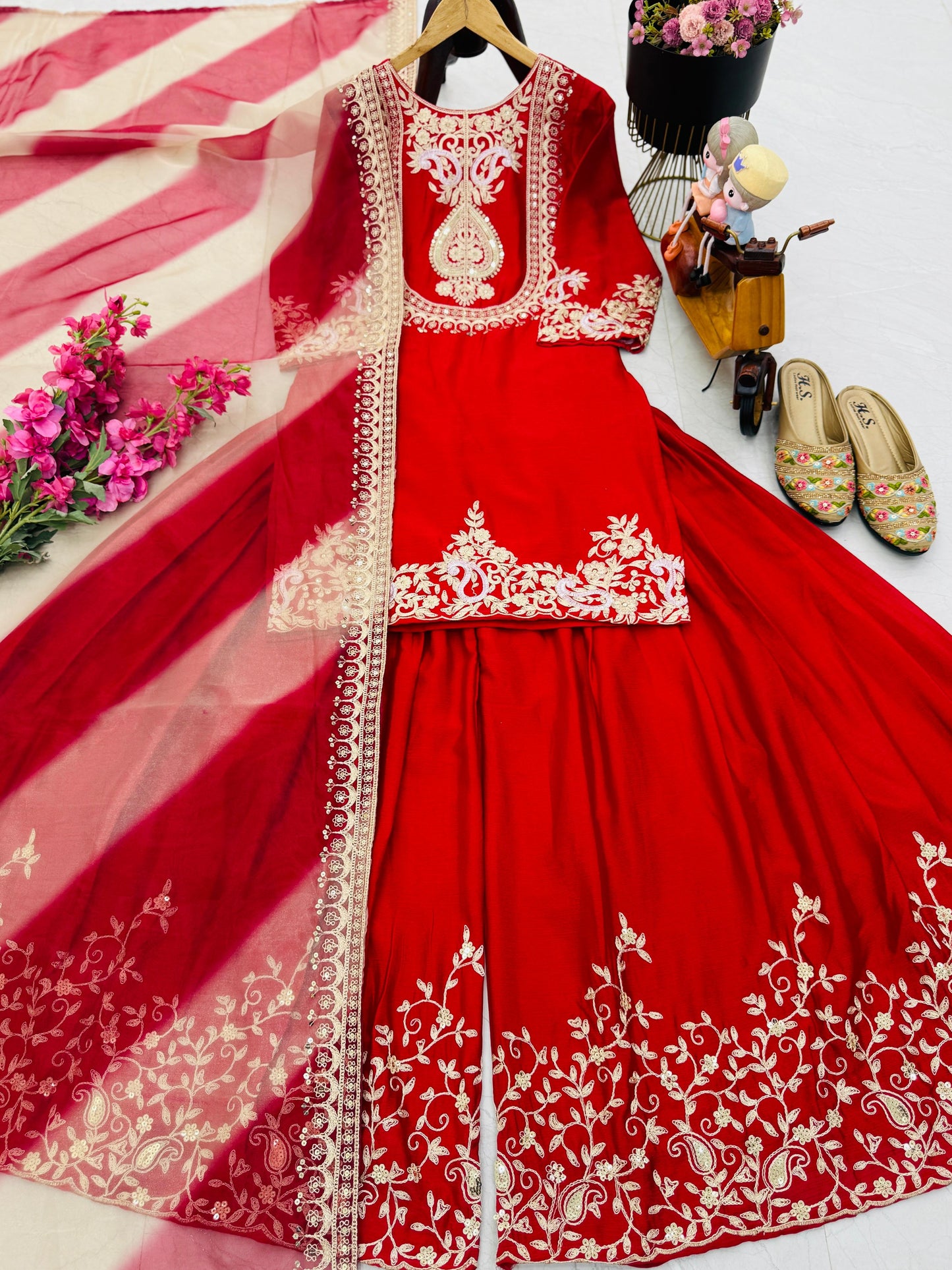 Red Color Partywear Sharara Suit in chinon silk fabric