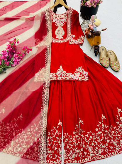 Red Color Partywear Sharara Suit in chinon silk fabric