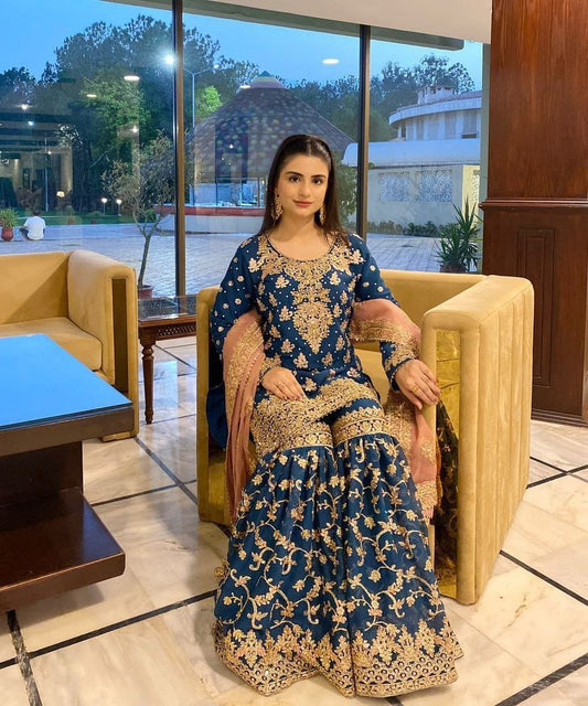 Blue Color Beautiful Sharara Dress in Georgette Fabric
