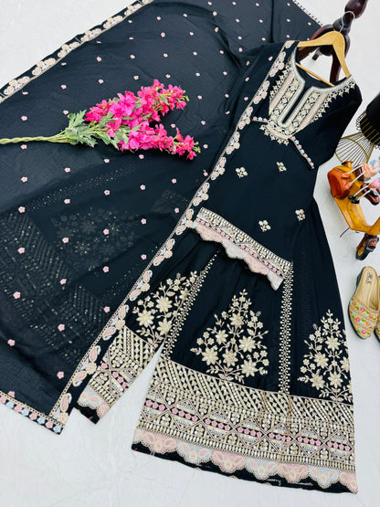 Designer Party Top Sharara & Dupatta Set in black color