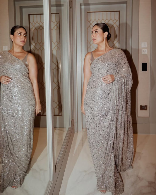 Grey Color Beautiful Bollywood Blockbuster Sequins Saree