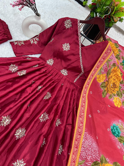 Purple Colour Beautiful Chinnon fabric With Embroidery Sequence Work Gown And Dupatta Set