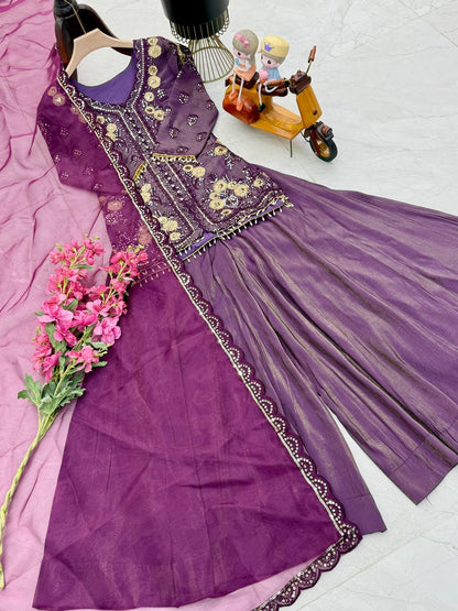 Designer Party Top Pallazo & Dupatta Set in purple color