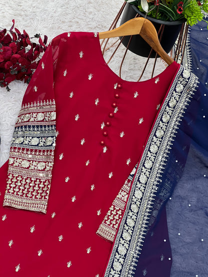 Maroon Red Blue Color Beautiful Partywear Dress in georgette fabric