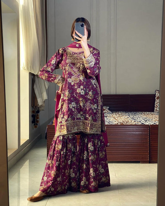 3 piece fancy printed kurti with beautiful sharara and lovely dupatta