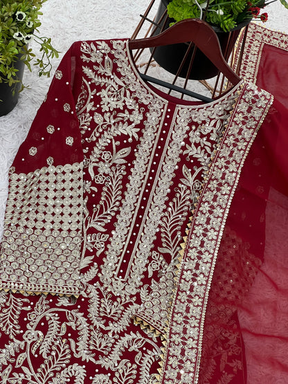 Party Wear Look Top-Plazzo and Dupatta With Heavy Embroidery Work