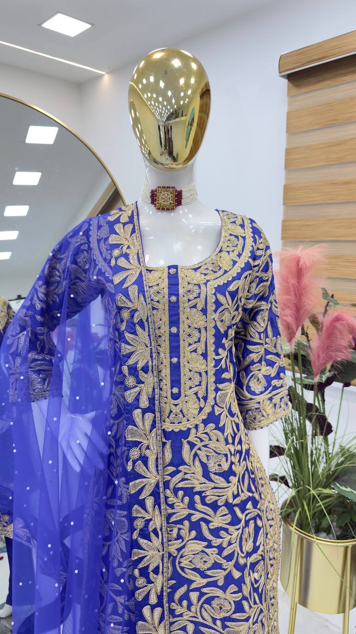 BLue Color PArtywear Dress in Chinon Fabric