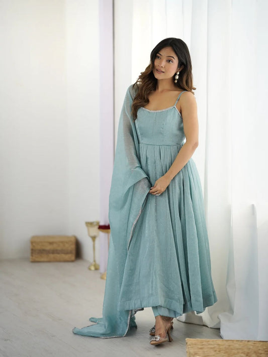 Sky BLue Color Beautiful Gown in Crush Silk Fabric