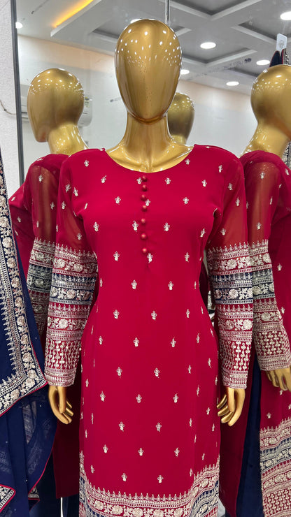 Maroon Red Blue Color Beautiful Partywear Dress in georgette fabric