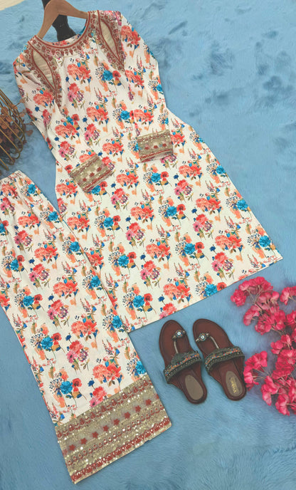 party wear look pur natural crepe printed & embroidered co-ords set