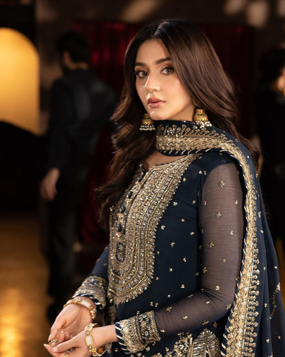 Navy BLue Color Embroidery Sequence Work Top-Sharara And Dupatta Set Fully Stitched